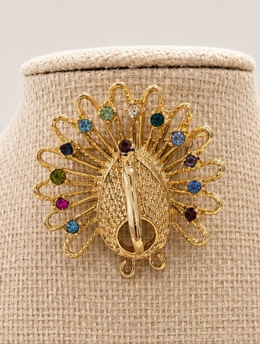 Vintage Gold-Tone Peacock Brooch with Multicolor Rhinestones